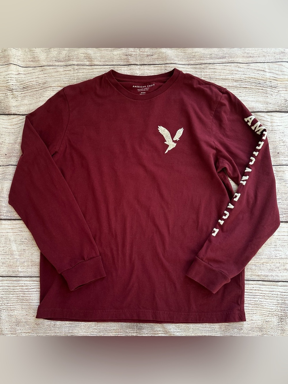American Eagle Outfitters Long-Sleeve Crewneck Shirt - Burgundy with White Logo